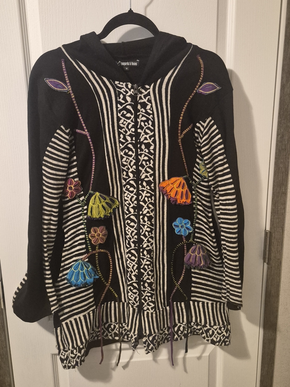 Leopards & Roses Zip Up Hoodie Cardigan Bohemian Art To Wear Tassels Abstract Md